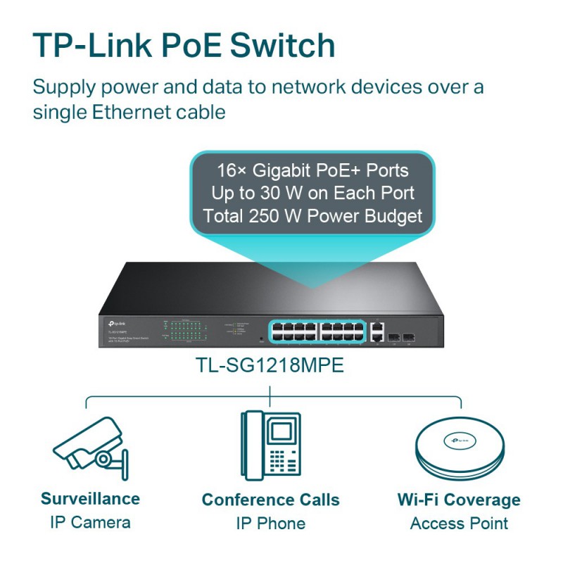 SWITCH JETSTREAM TP-LINK 16 PORTS GIGABIT POE/POE+ / 2 SFP TL-SG1218MPE