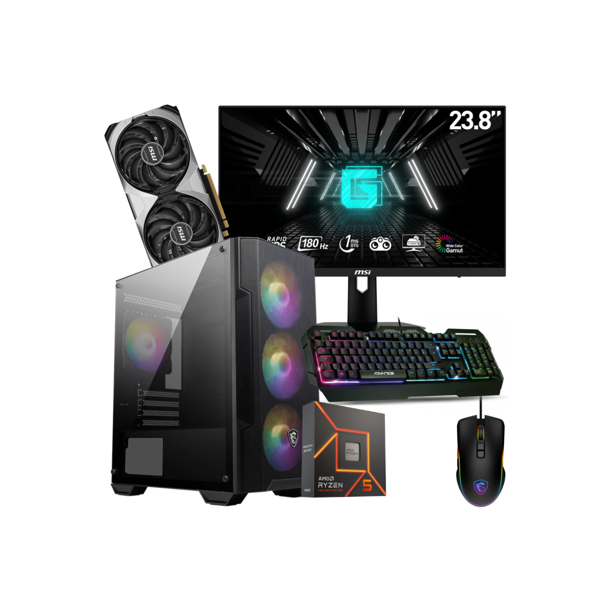 PC DE BUREAU GAMING / RYZEN 5 7600X / RTX 4070 12G / 32 GO DDR5 AVEC ÉCRAN MSI 24″ FULL HD IPS 180 HZ