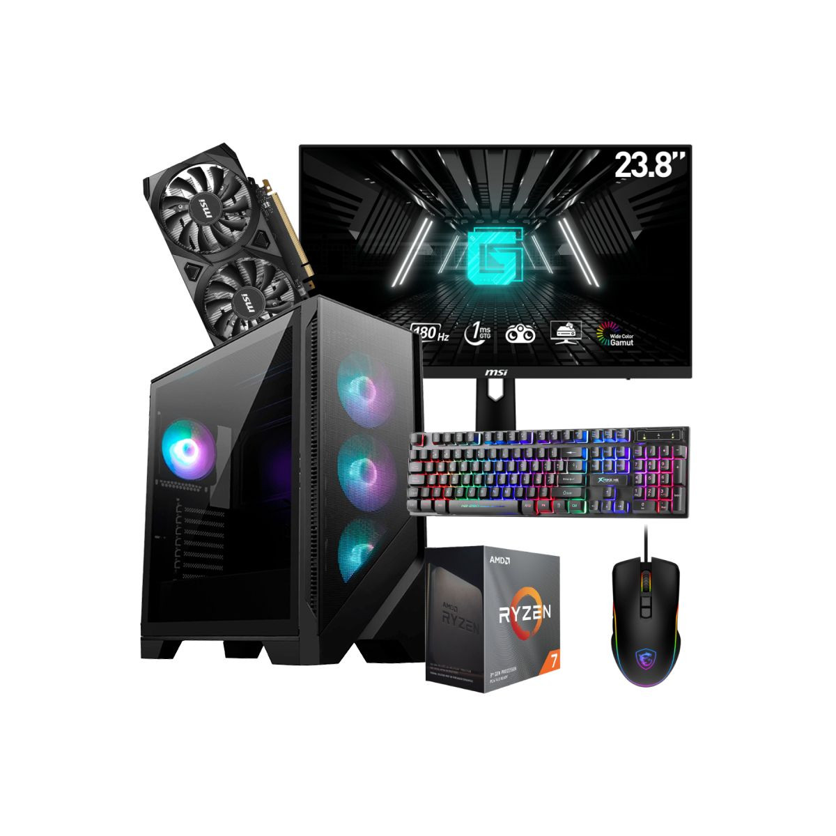 Pc de Bureau Gaming / Ryzen 7 5700X / RTX 3050 6G / 32 Go Avec Écran MSI 24″ Full HD IPS 180 Hz