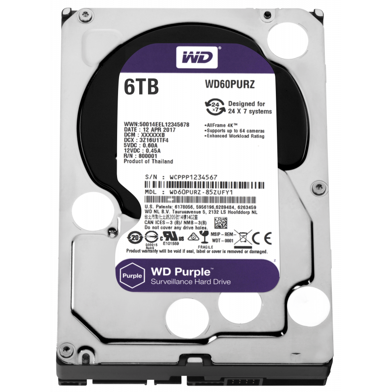 Disque Dur Interne 3.5" Pour Video Surveillance Western Digital Purple 6 To