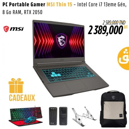 PC Portable Gamer MSI Thin 15 – Intel Core i7 13eme Gén, 8 Go RAM, RTX 2050