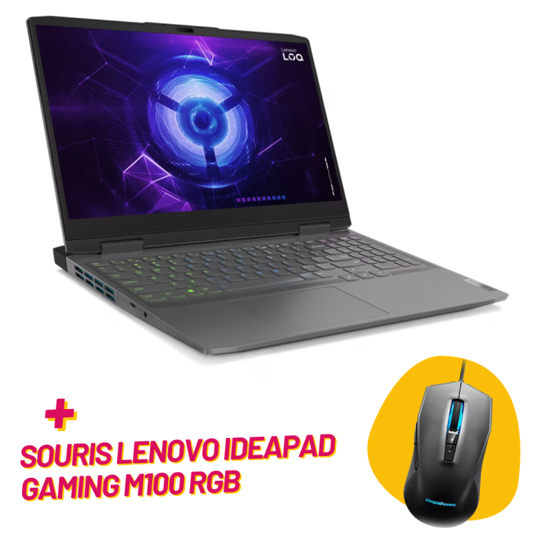 PC portable Lenovo LOQ 15APH8 / Ryzen 7 7840H / RTX 3050 6G / 16 Go / Gris Avec Souris RVB Lenovo LOQ M100