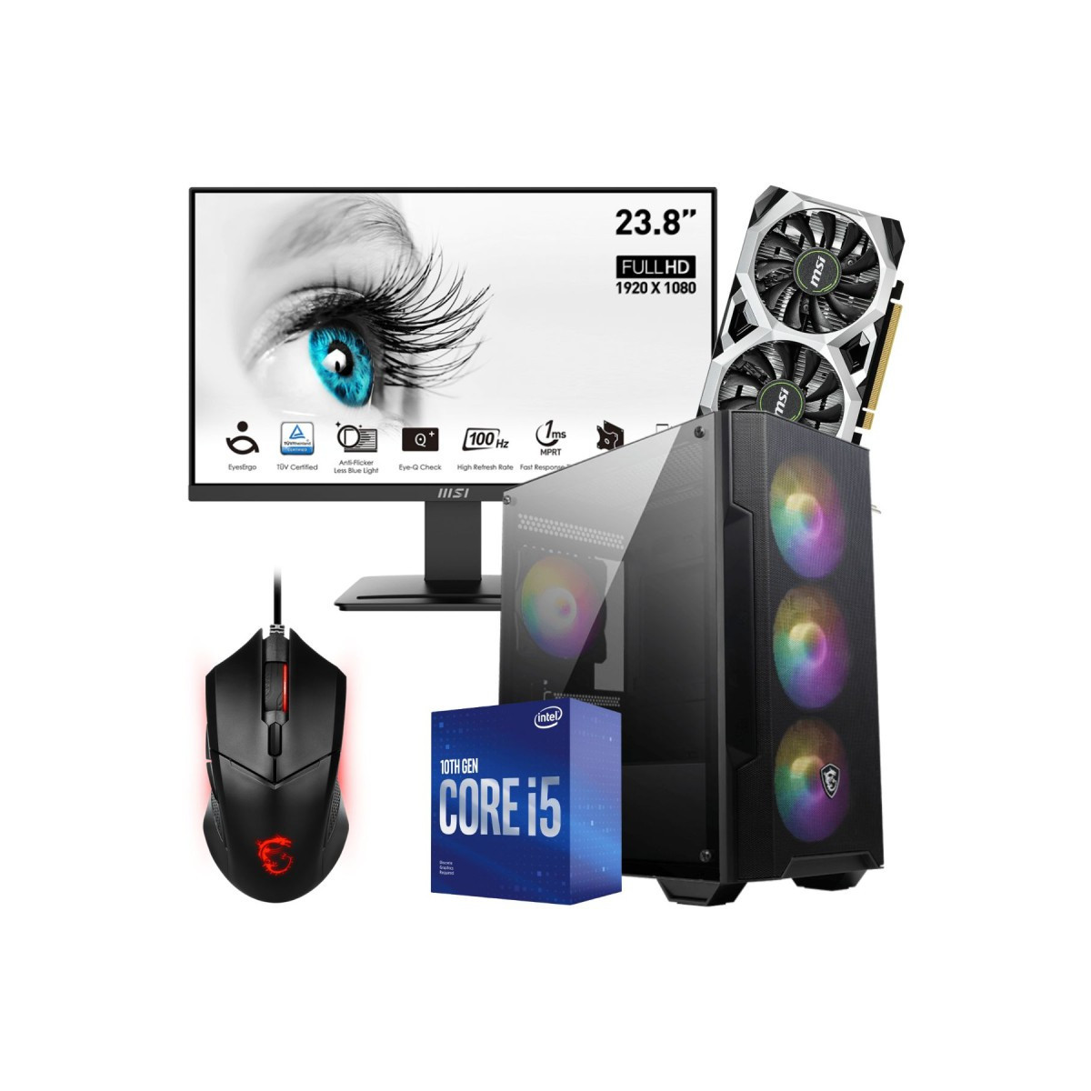 Setup Gamer FULL MSI Pc de Bureau Gaming / i5-10400F / GTX 1650 4G / 16 Go Avec Écran MSI PRO 24″ Full HD VA 100 Hz