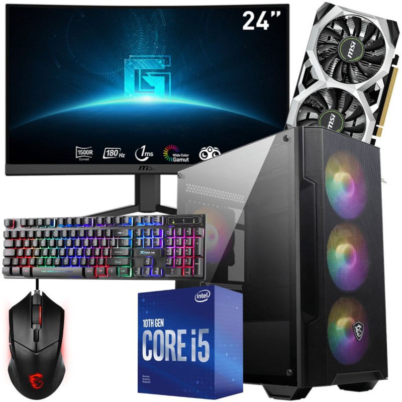 Setup Gamer FULL MSI Pc de Bureau Gaming / i5-10400F / GTX 1650 4G / 16 Go Avec Écran Incurvé MSI 24″ Full HD VA 180 Hz