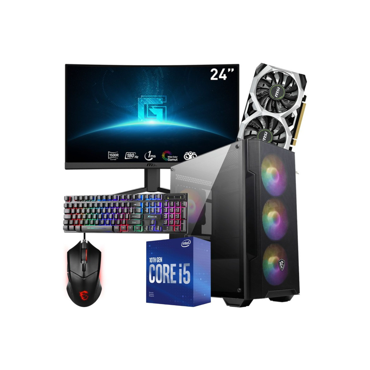 Setup Gamer FULL MSI Pc de Bureau Gaming / i5-10400F / GTX 1650 4G / 16 Go Avec Écran Incurvé MSI 24″ Full HD VA 180 Hz