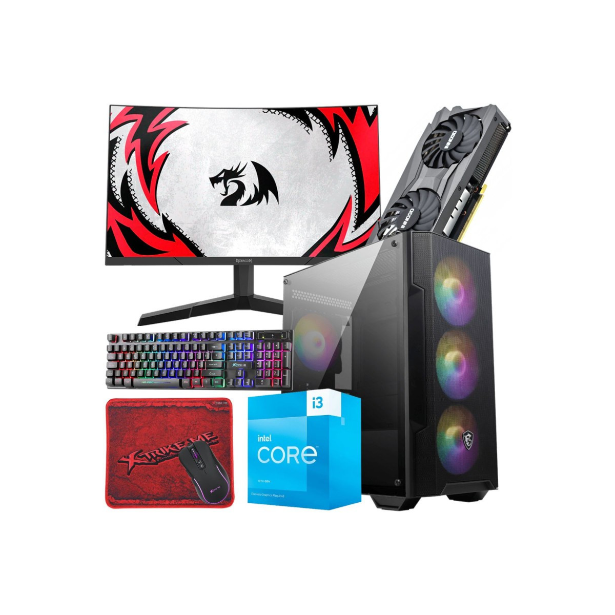 Setup Gamer SPECIAL Pc de Bureau Gaming / i3-13100F / RTX 3060 12G / 16 Go Avec Écran Incurvé Redragon 24″ LED Full HD 165 Hz