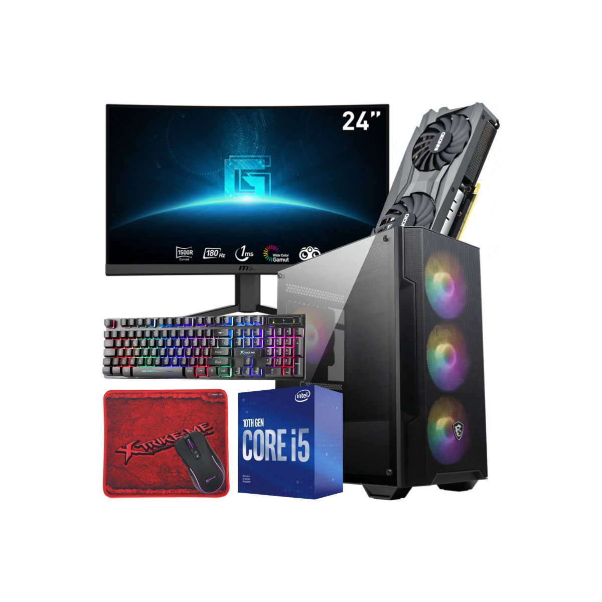 Setup Gamer SPECIAL Pc de Bureau Gaming / i5-10400F / RTX 3060 12G / 32 Go Avec Écran Incurvé MSI 24″ Full HD VA 180 Hz