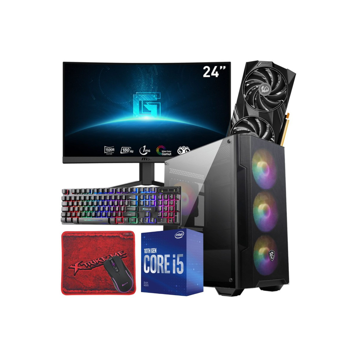 Setup Gamer MSI Pc de Bureau Gaming / i5-10400F / RTX 4060 8G / 16 Go Avec Écran Incurvé MSI 24″ Full HD VA 180 Hz