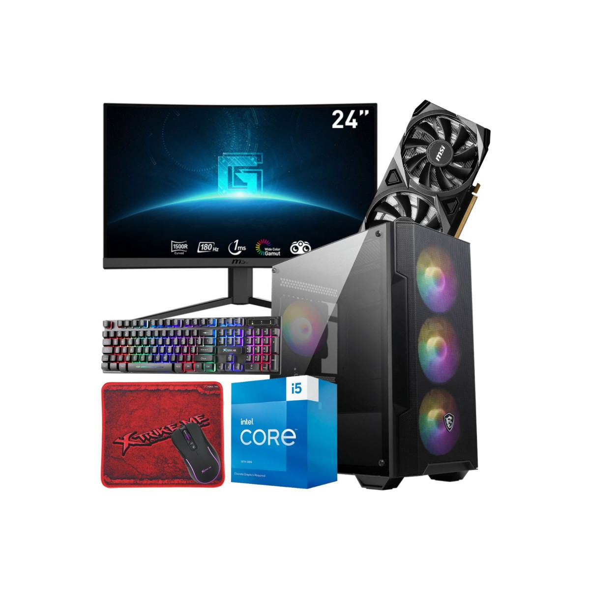 Setup Gamer Special Pc de Bureau Gaming / i5-13400F / RTX 3050 8G / 16 Go Avec Écran Incurvé MSI 24″ Full HD VA 180 Hz