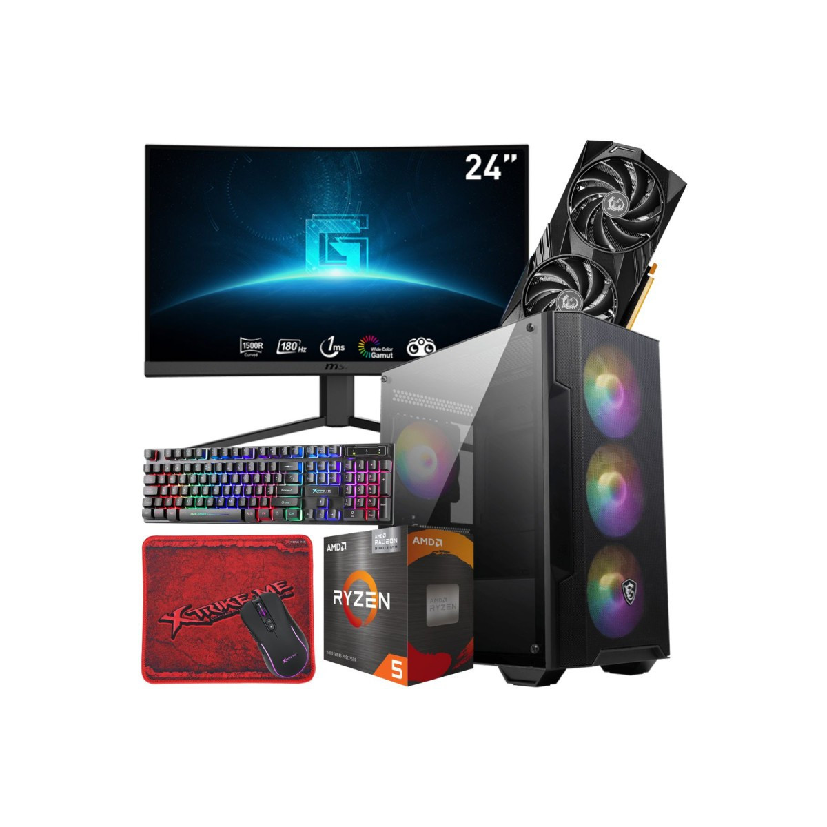 Setup Gamer MSI Pc de Bureau Gaming / Ryzen 5 5600X / RTX 4060 8G / 16 Go Avec Écran Incurvé MSI 24″ Full HD VA 180 Hz