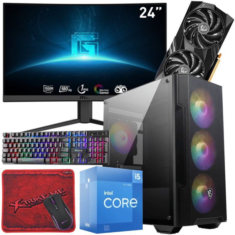 Setup Gamer MSI Pc de Bureau Gaming / i5-12400F / RTX 4060 8G / 16 Go Avec Écran Incurvé MSI 24″ Full HD VA 180 Hz