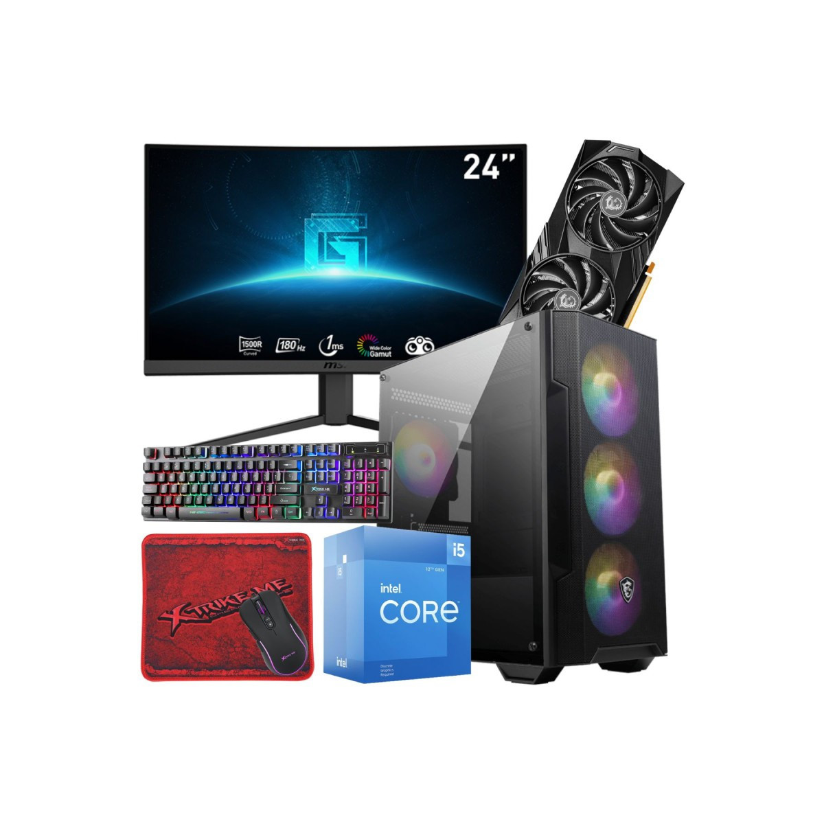 Setup Gamer MSI Pc de Bureau Gaming / i5-12400F / RTX 4060 8G / 16 Go Avec Écran Incurvé MSI 24″ Full HD VA 180 Hz