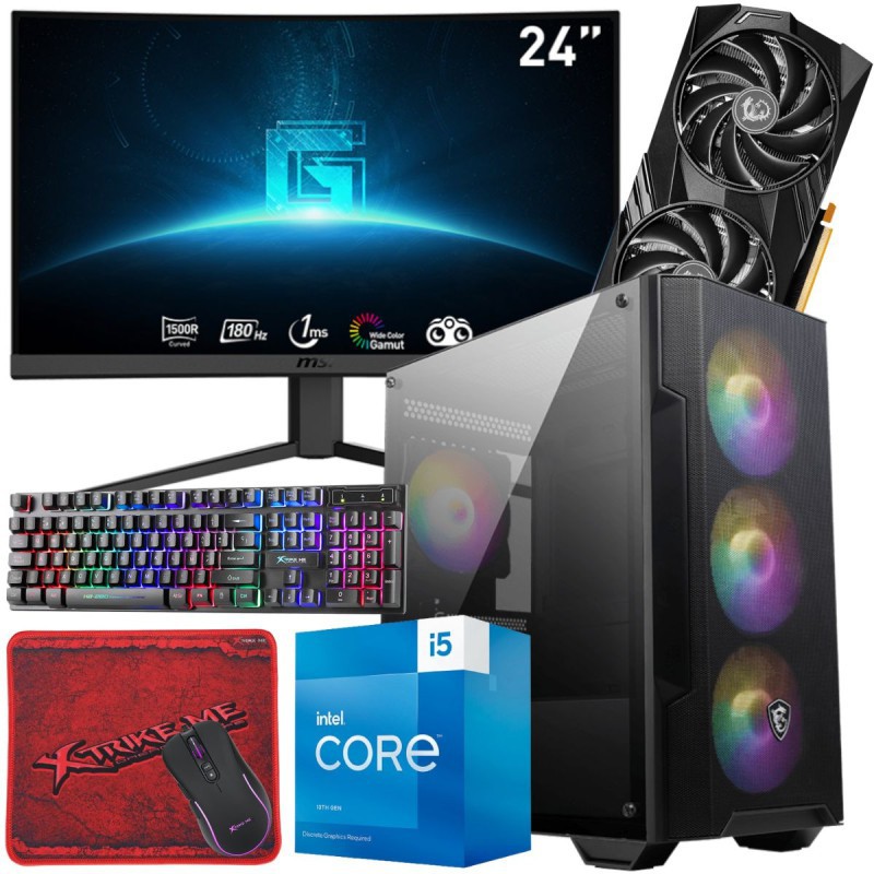 Setup Gamer MSI Pc de Bureau Gaming / i5-13400F / RTX 4060 8G / 16 Go Avec Écran Incurvé MSI 24″ Full HD VA 180 Hz