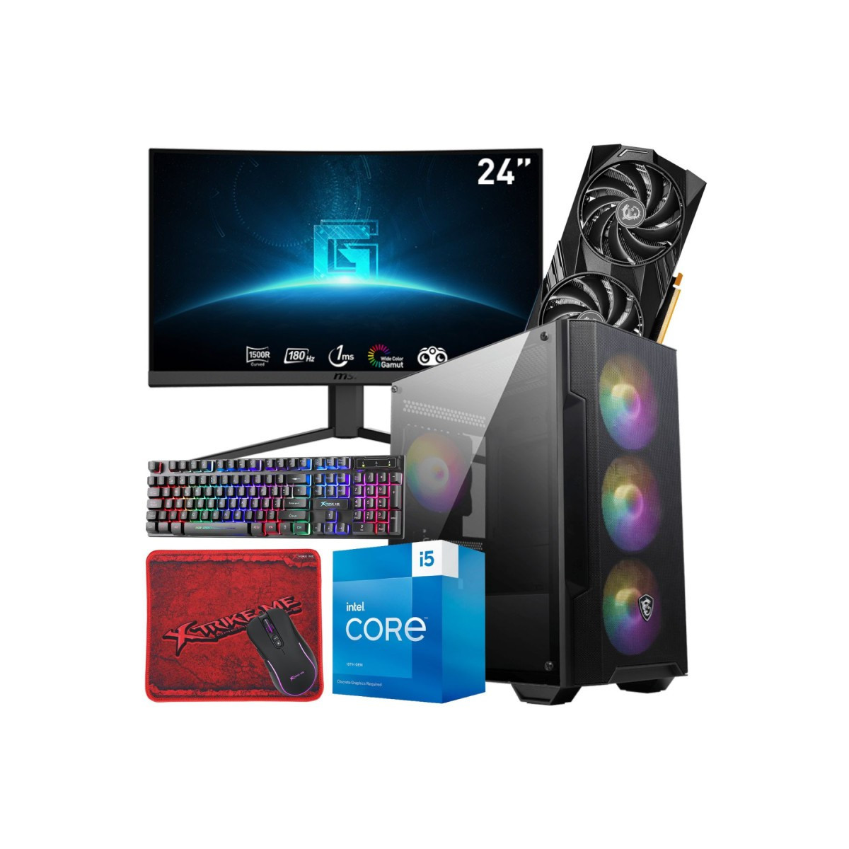 Setup Gamer MSI Pc de Bureau Gaming / i5-13400F / RTX 4060 8G / 16 Go Avec Écran Incurvé MSI 24″ Full HD VA 180 Hz