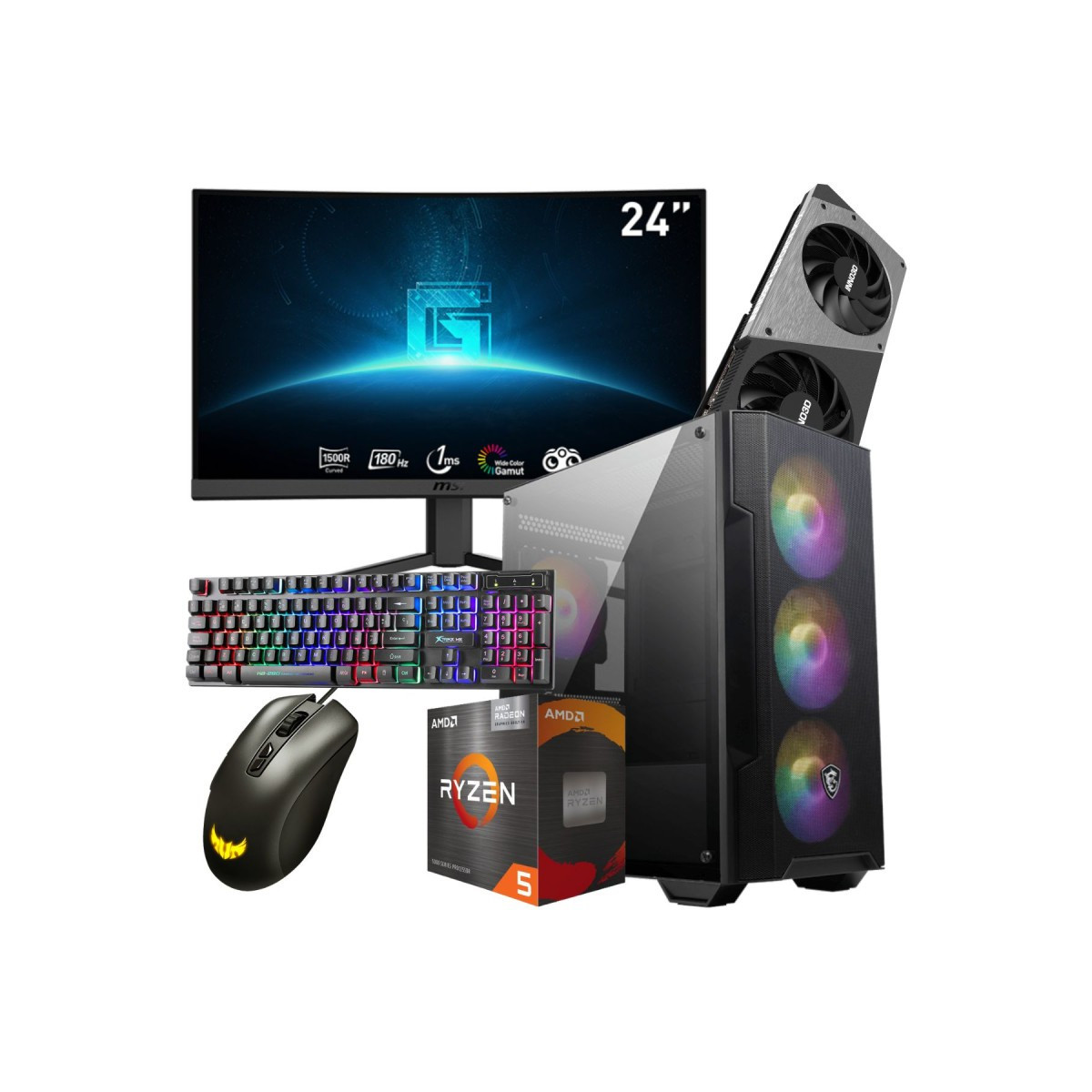 Setup Gamer SPECIAL Pc de Bureau Gaming / Ryzen 5 5600X / RTX 4060 Ti 8G / 16 Go Avec Écran Incurvé MSI 24″ Full HD VA 180 Hz