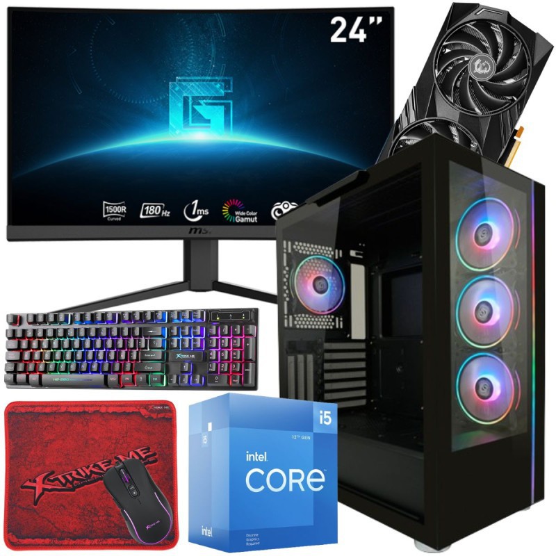 Setup Gamer MSI Pc de Bureau Gaming / i5-12400F / RTX 4060 8G / 32 Go Avec Écran Incurvé MSI 24″ Full HD VA 180 Hz