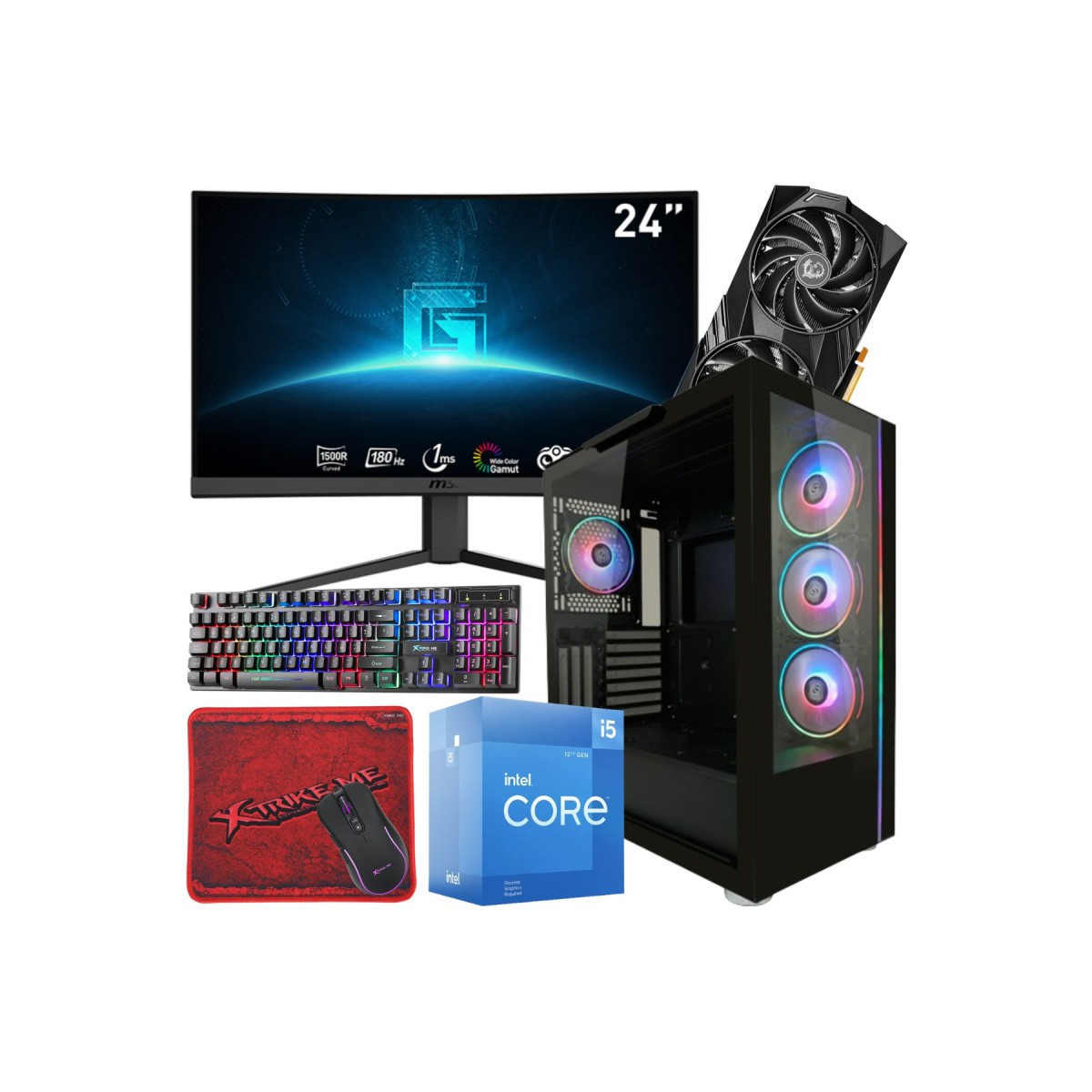 Setup Gamer MSI Pc de Bureau Gaming / i5-12400F / RTX 4060 8G / 32 Go Avec Écran Incurvé MSI 24″ Full HD VA 180 Hz