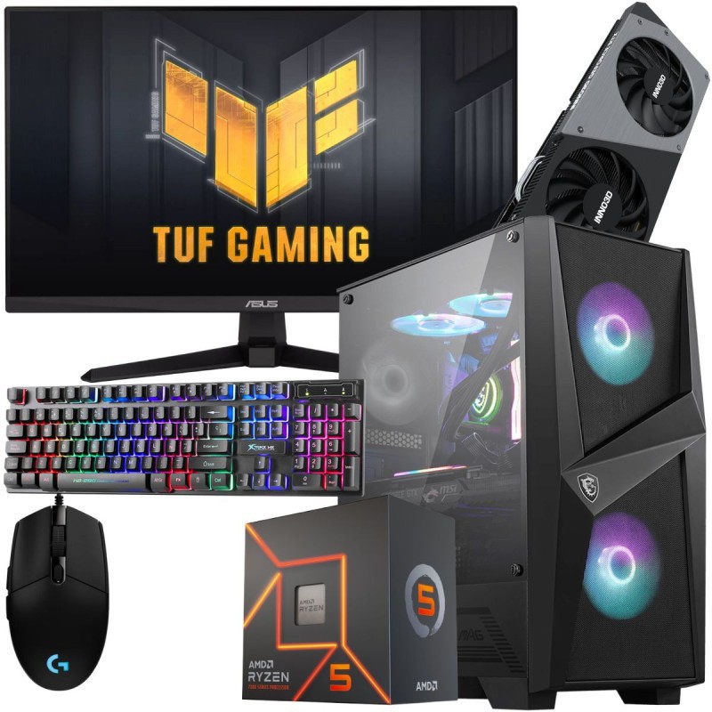 Setup Gamer TUNISIANET Pc de Bureau Gaming / Ryzen 5 7600 / RTX 4060 8G / 16 Go Avec Écran Asus TUF 24″ Full HD IPS 180 Hz