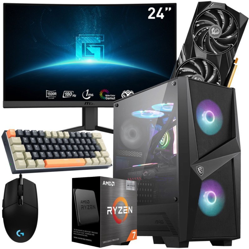 Setup Gamer MSI Pc de Bureau Gaming / Ryzen 7 5800X3D / RTX 4060 8G / 32 Go Avec Écran Incurvé MSI 24″ Full HD VA 180 Hz