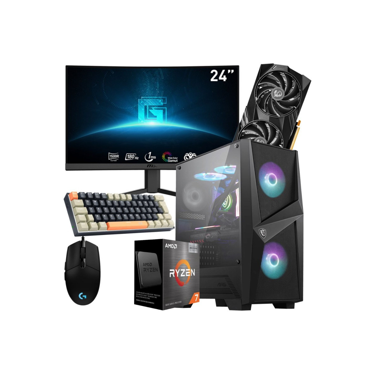 Setup Gamer MSI Pc de Bureau Gaming / Ryzen 7 5800X3D / RTX 4060 8G / 32 Go Avec Écran Incurvé MSI 24″ Full HD VA 180 Hz