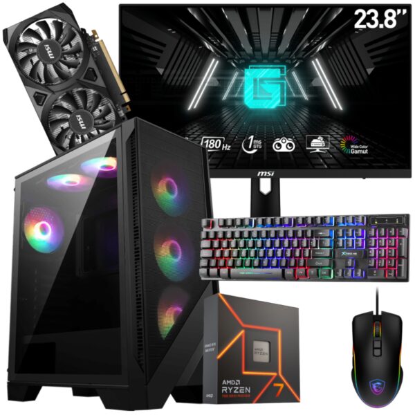 Setup Gamer Special Pc de Bureau Gaming / Ryzen 7 7700X / RTX 3050 6G / 32 Go DDR5 Avec Écran MSI 24" Full HD IPS 180 Hz